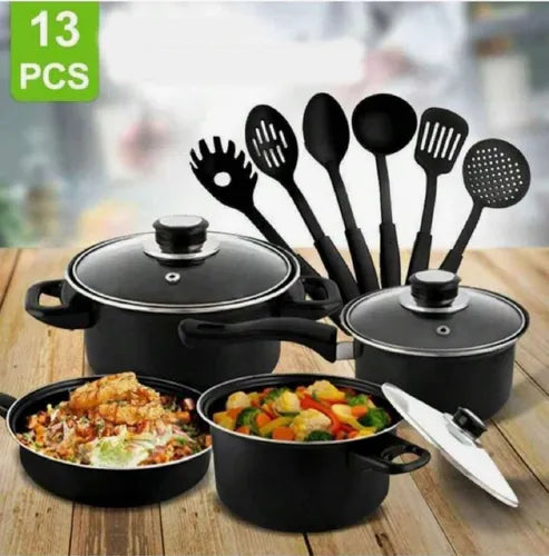 SET DE OLLAS Y JUEGO DE UTENSILIOS DE COCINA 13PZ (10 UND X CAJA)