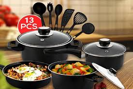 SET DE OLLAS Y JUEGO DE UTENSILIOS DE COCINA 13PZ (10 UND X CAJA)